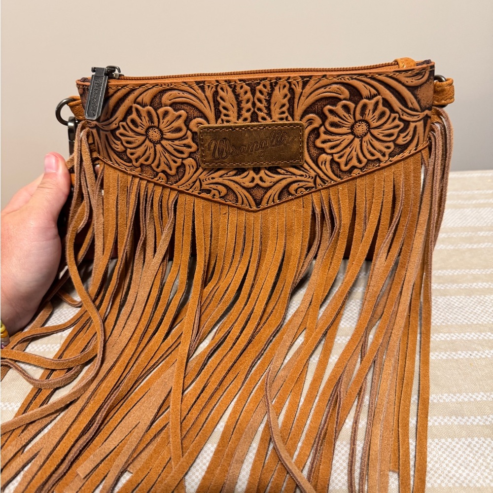 Wrangler Tan Leather Crossbody Bag with Fringe